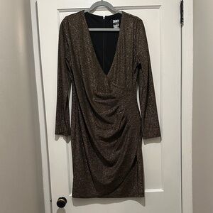 DKNY Women's Shimmering Brown Long Sleeve Dress